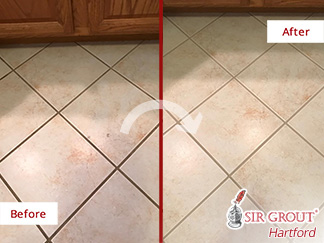 Before and after Picture of a Grout Cleaning Job in Tolland, CT
