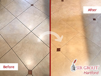 Before and After Picture of a Grout Cleaning Job in Cheshire, CT