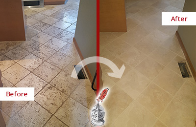 Sir Grout Removes Stains and Restores This Marble Floor Before and After Picture of Stained Kitchen Floor Restoration