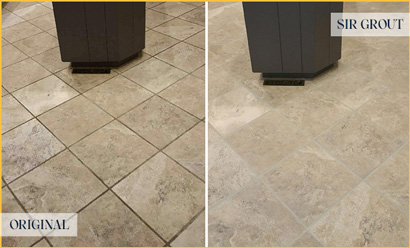 Before and after picture of a grout cleaning and sealing