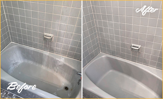 Picture of a White and Gold Bath Tub with Mold and Mildew in the Joints Before and After our Tub Recaulking