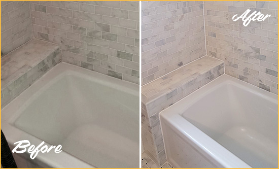 Before and After Picture of a Marble Grout Caulking on the Tub Joints