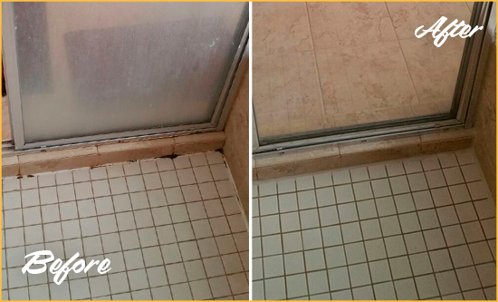 Before and After Picture of a Grout Recaulking on the Floor Joints