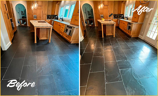 Before and After Picture of a Slate Kitchen Floor Cleaned and Sealed