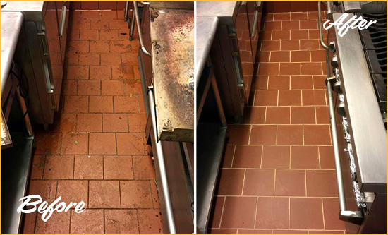 Before and After Picture of a South Windsor Restaurant Kitchen Tile and Grout Cleaned to Eliminate Dirt and Grease Build-Up