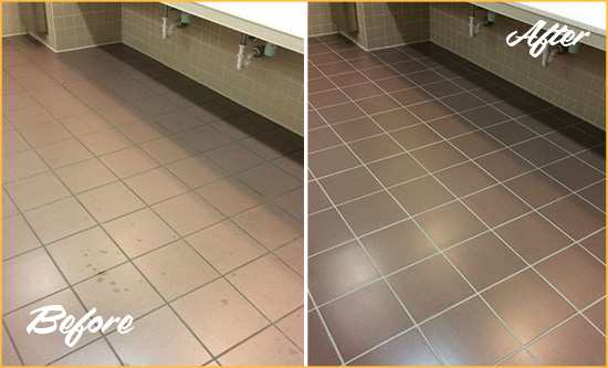 Before and After Picture of a Farmington Restrooms Tile and Grout Cleaned to Remove Embedded Dirt