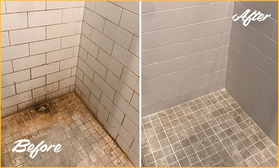 Before and After Picture of a Madison Shower Tile and Grout Cleaned to Eliminate Mold and Stains