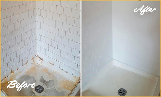 Before and After Picture of a Farmington Shower Tile and Grout Cleaned to Remove Soap Scum