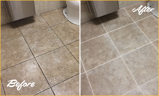 Before and After Picture of a Rocky Hill Restroom Tile and Grout Cleaned to Remove Soil