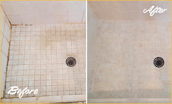 Before and After Picture of a Branford Shower Caulked to Fix Cracks