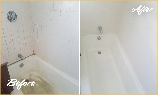 Before and After Picture of a Seymour Bathtub Caulked to Repair Cracks