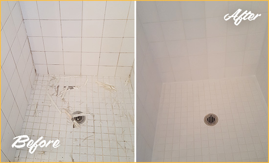 Before and After Picture of a West Haven Bathroom Re-Caulked To Repair Damaged Caulking