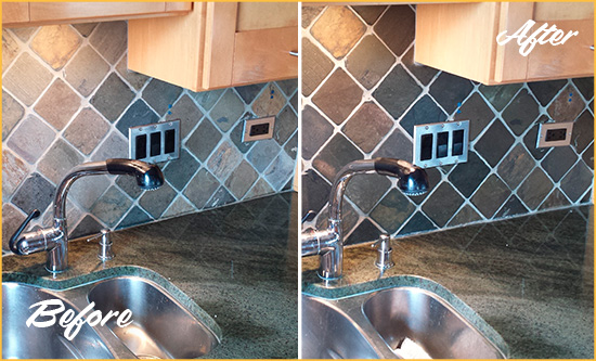 Before and After Picture of a Madison Backsplash Caulked to Fix and Prevent Water Leaks