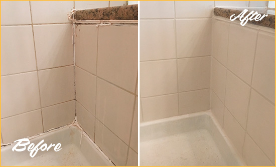 Before and After Picture of a Branford Shower Caulked to Repair Damaged Caulking