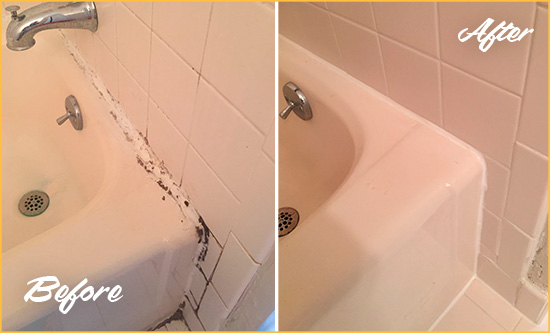 Before and After Picture of a Avon Bathroom Sink Caulked to Fix a DIY Proyect Gone Wrong