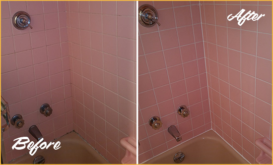 Before and After Picture of a Woodbury Bathtub Caulked to Eliminate Mold