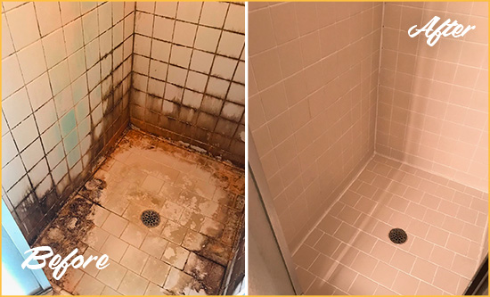 Before and After Picture of a Seymour Shower Caulked to Fix and Prevent Water Damage