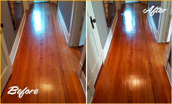 Before and After Picture of a Middletown Wood Sandless Refinishing Service on a Floor to Eliminate Scratches