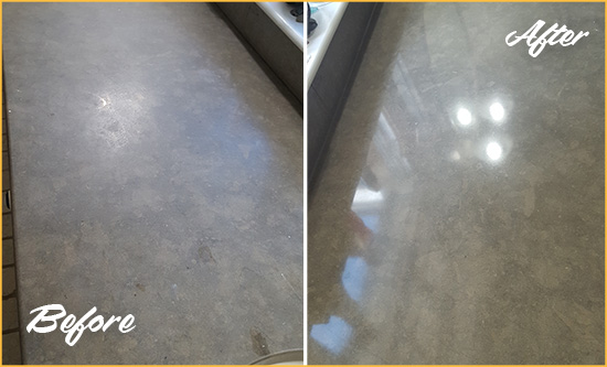 Before and After Picture of a Dull New Haven Limestone Countertop Polished to Recover Its Color