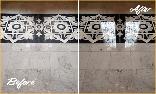 Before and After Picture of a South Windsor Marble Stone Floor Polished to a Mirror Shine