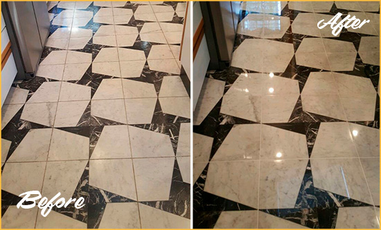 Before and After Picture of a Dull New Haven Marble Stone Floor Polished To Recover Its Luster