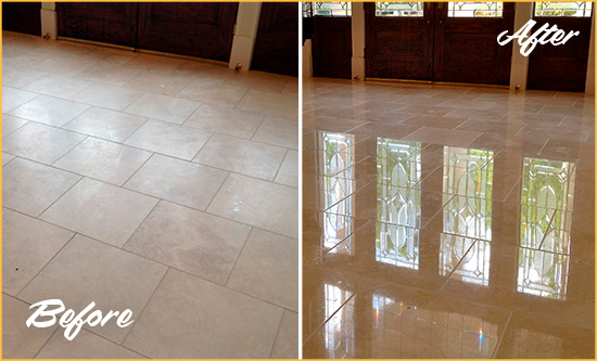 Before and After Picture of a Dull Middletown Travertine Stone Floor Polished to Recover Its Gloss