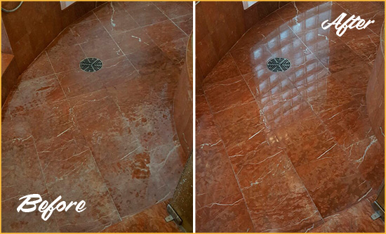 Before and After Picture of a New Haven Marble Stone Shower Polished to Eliminate Mineral Deposits