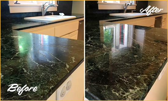 Before and After Picture of a Collinsville Marble Stone Counter Polished to Eliminate Water Marks