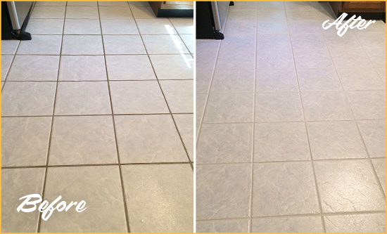 Before and After Picture of a Portland Kitchen Ceramic Floor Sealed to Protect From Dirt and Spills