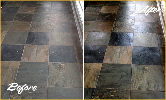 Before and After Picture of a Dull Portland Slate Floor Sealed to Bring Back Its Colors