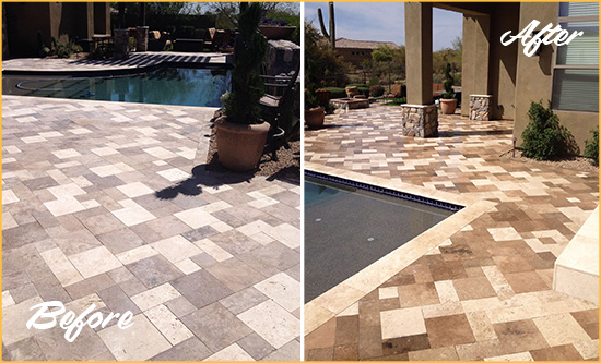 Before and After Picture of a Faded Waterbury Travertine Pool Deck Sealed For Extra Protection