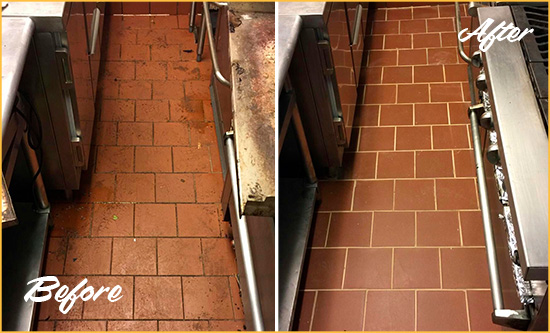 Before and After Picture of a Portland Restaurant Kitchen Floor Sealed to Remove Soil
