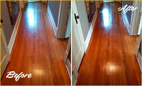 Before and After Picture of a Seymour Wood Deep Cleaning Service on a Floor to Eliminate Scratches