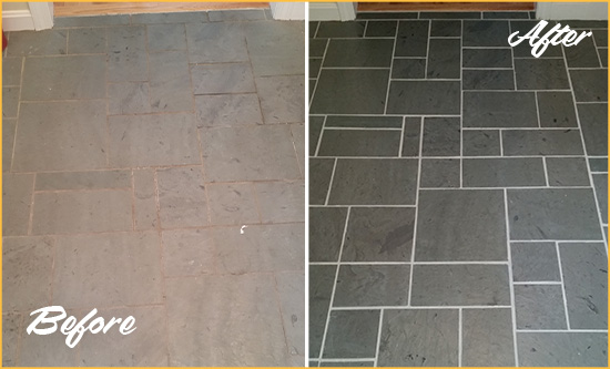 Before and After Picture of a Middlebury Slate Floor Cleaned to Remove Deep-Seated Dirt