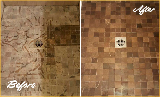 Before and After Picture of a Stained Southington Marble Shower Floor Cleaned to Remove Etching