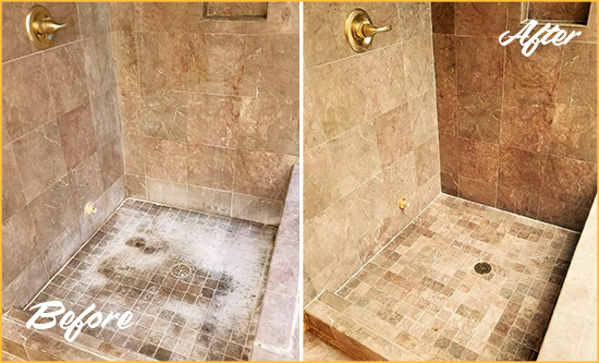 Before and After Picture of a Collinsville Travertine Shower Cleaned to Eliminate Water Spots