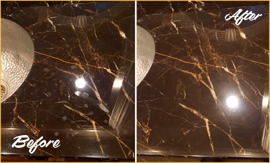 Before and After Picture of a Farmington Marble Countertop Cleaned to Remove Water Spots