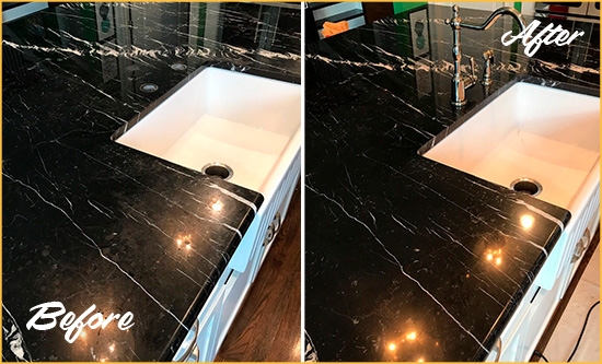 Before and After Picture of a Collinsville Marble Kitchen Countertop Stone Sealed to Avoid Water Damage