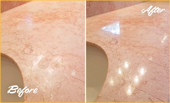 Before and After Picture of a Milldale Marble Stone Vanity Top Sealed to Avoid Water Marks