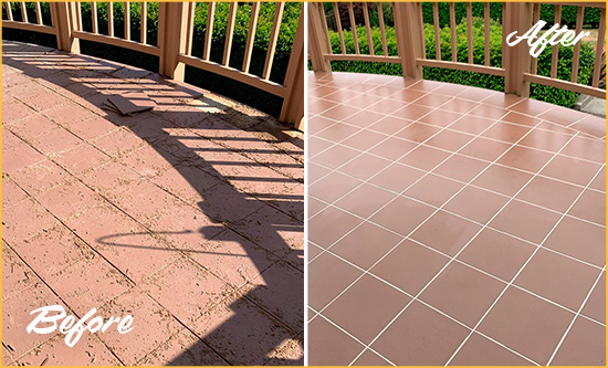 Before and After Picture of a Woodbridge Hard Surface Restoration Service on a Tiled Deck