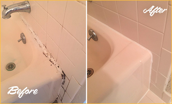 Before and After Picture of a Naugatuck Hard Surface Restoration Service on a Tile Shower to Repair Damaged Caulking