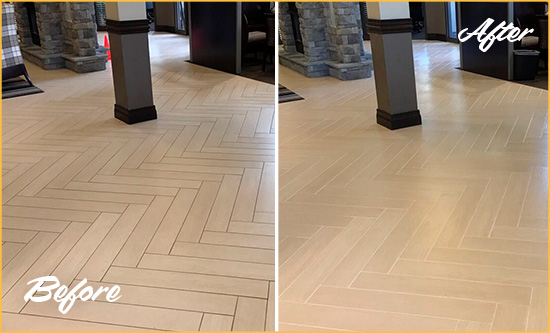 Before and After Picture of a South Windsor Hard Surface Restoration Service on an Office Lobby Tile Floor to Remove Embedded Dirt