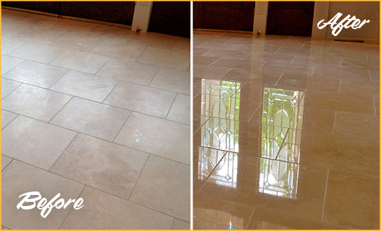 Before and After Picture of a Plantsville Hard Surface Restoration Service on a Dull Travertine Floor Polished to Recover Its Splendor