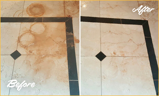 Before and After Picture of a Broad Brook Hard Surface Restoration Service on a Marble Floor to Eliminate Rust Stains