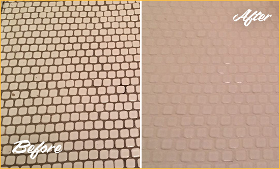 Before and After Picture of a West Hartford Hard Surface Restoration Service on a Bathroom Tile Floor Recolored to Fix Grout Color