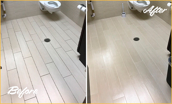 Before and After Picture of a Burlington Office Restroom's Grout Cleaned to Remove Dirt