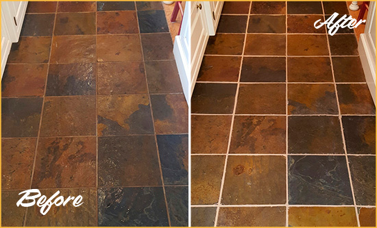 Before and After Picture of Woodbridge Slate Floor Grout Cleaned to Remove Dirt