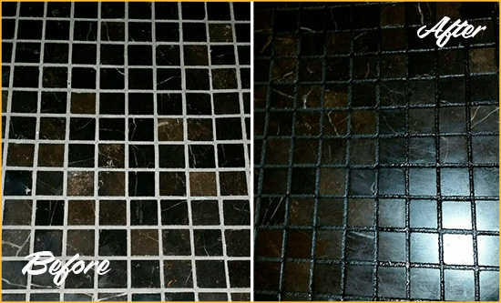Before and After Picture of a Enfield Black Floor with Recolored Grout