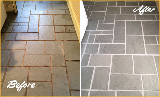 Before and After Picture of Damaged Branford Slate Floor with Sealed Grout