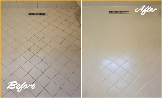 Before and After Picture of a Middlefield White Bathroom Floor Grout Sealed for Extra Protection